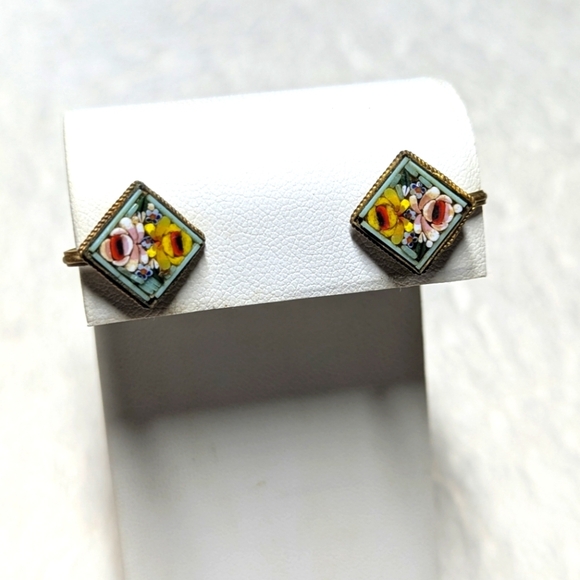 Antique/Rare Fabbrica Angelo Pressar (FAP) Mosaic Floral Earrings Made in Italy - Picture 3 of 7